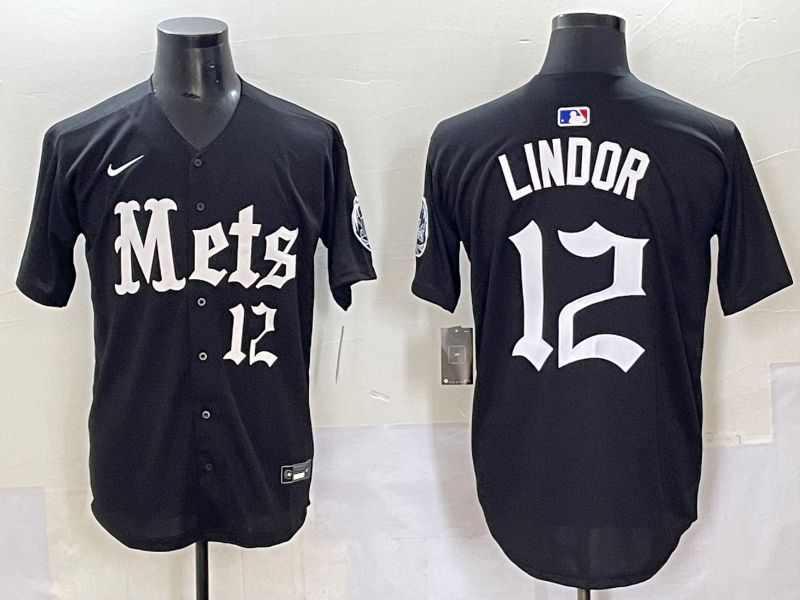 Men 2025 New York Mets #12 Lindor Black Five generations Joint Name Nike MLB Jersey style 8